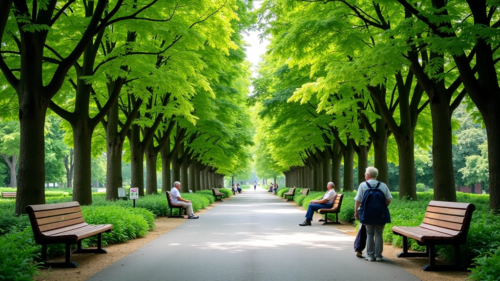 Widok na główną aleje ogrodu botanicznego z drzewami rozpościerającymi się nad ścieżką, różne strefy roślin, ludzie na ławkach