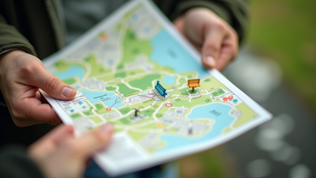 Zbliżenie na mapę parku z zaznaczeniami kolorowych ikon ławek i punktów wodociągowych