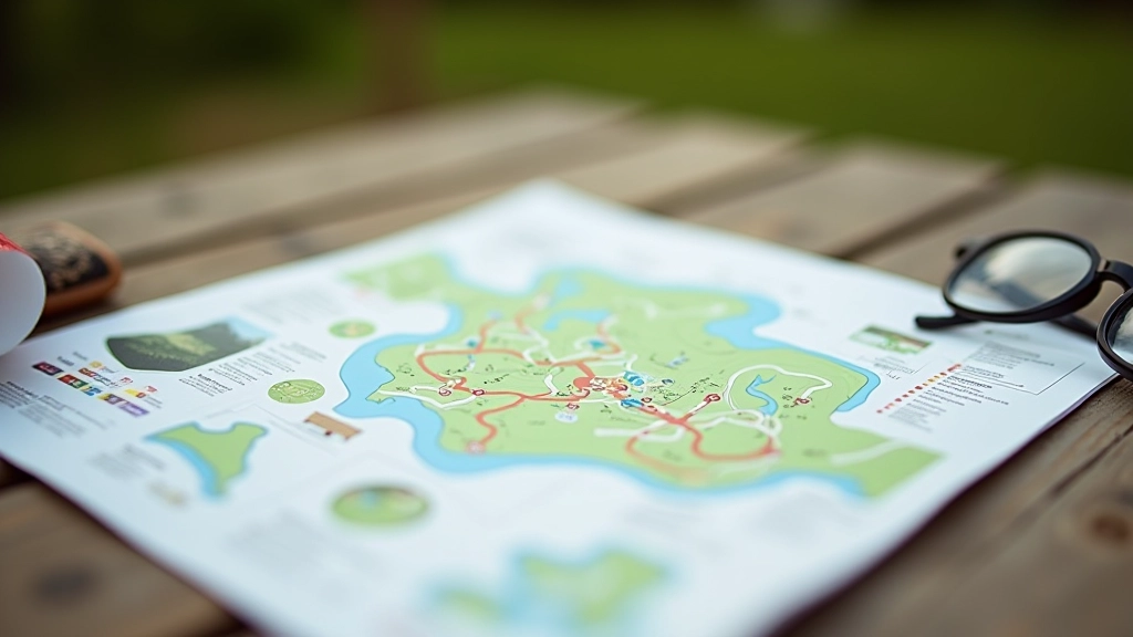 Mapa parku drukowana na papierze z zaznaczonymi ławkami i toaletami