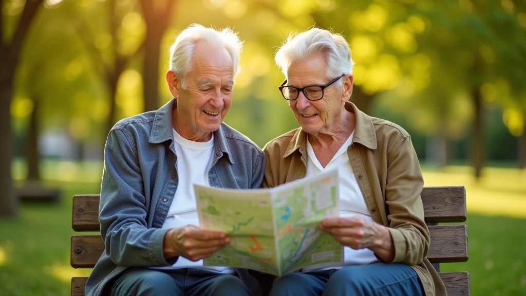 Para seniorów patrzy na mapę wydrukowaną w parku, siedząc na ławce w słonecznym dniu