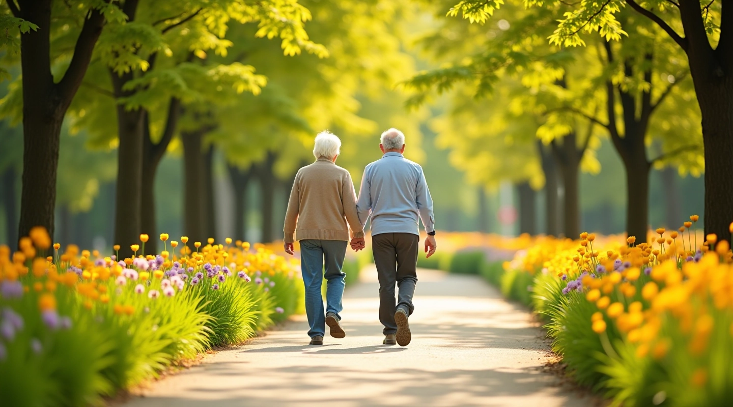 Seniorzy spacerujący ścieżką w parku pośród zielonych drzew i kwiatów