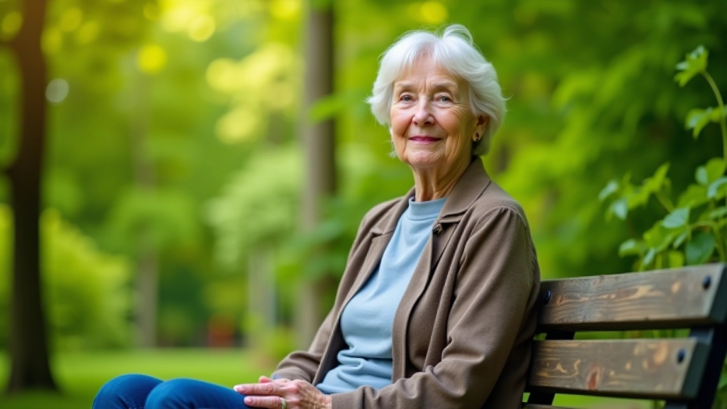 Seniorka siedząca na drewnianej ławce w parku, otoczona zielenią