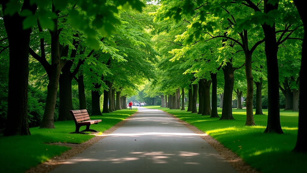 Wąska ścieżka parkowa otoczona gęstą zielenią, gdzie drzewa tworzą naturalny dach z cienia
