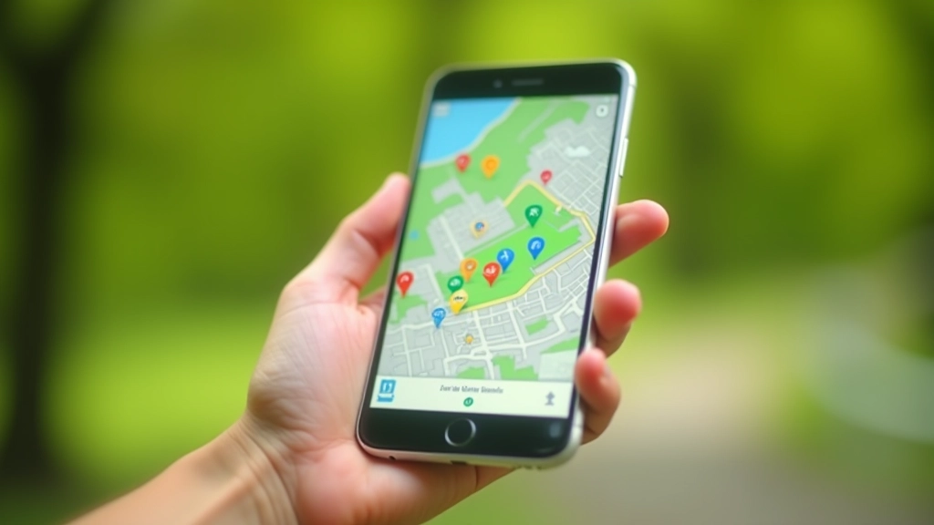 Smartfon z otwartą aplikacją mapy parku, pokazujący ikony ławek i punktów wodociągowych w czasie rzeczywistym