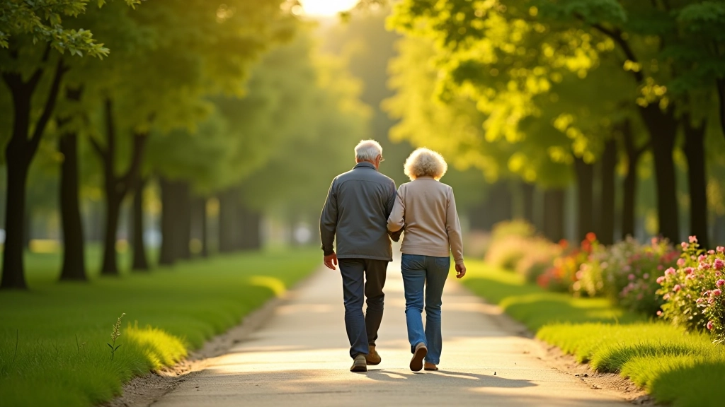 Seniorzy spacerujący razem ścieżką w zielonym parku